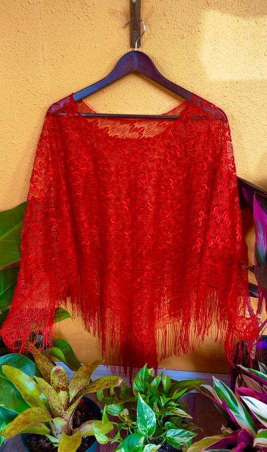 Red Fringe Poncho (Free Size)