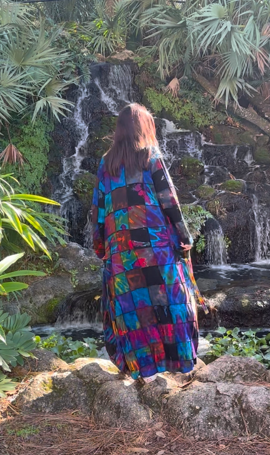 LONG PATCHWORK TIE DYE KIMONO CARDIGAN