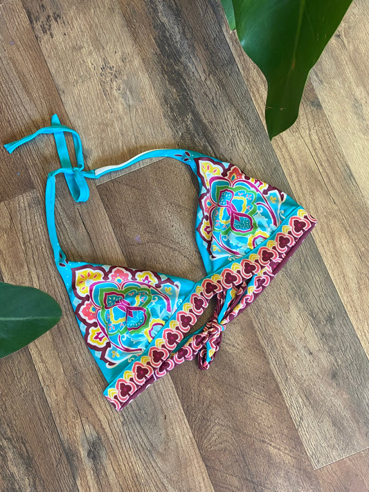 TEAL PATTERNED BIKINI TOP (SIZE LARGE)