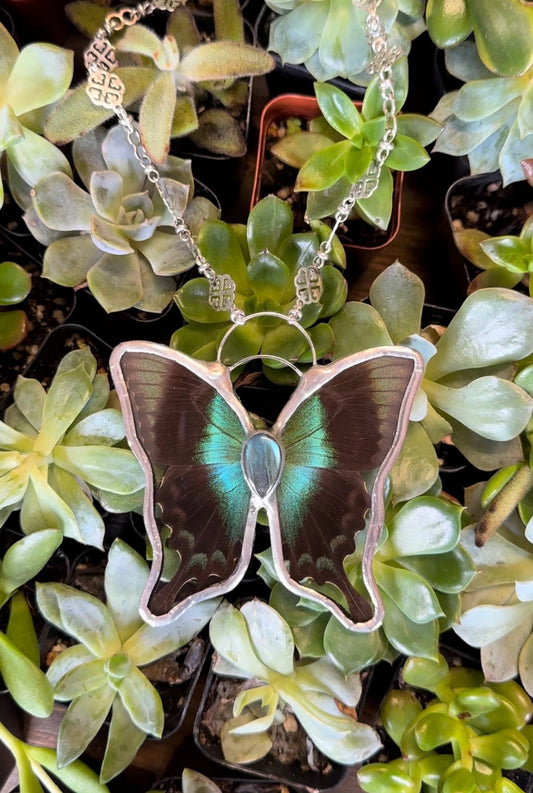 EMERALD GODDESS LABRADORITE STONE STAINED GLASS ENCASED BUTTERFLY PENDANT NECKLACE